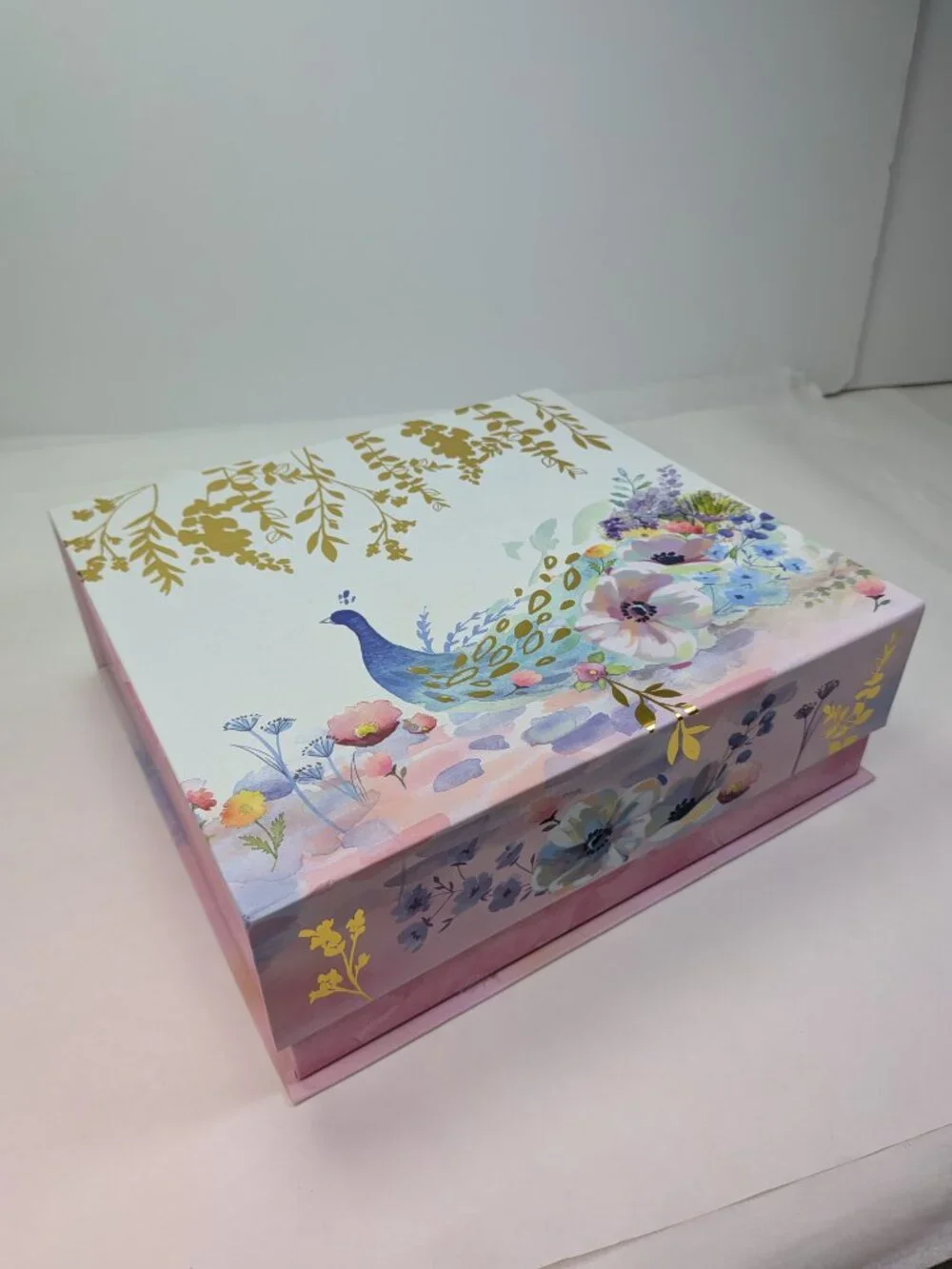 Nesting Decorative Gift Boxes Peacock Floral Watercolor Gold Foil Set of 2